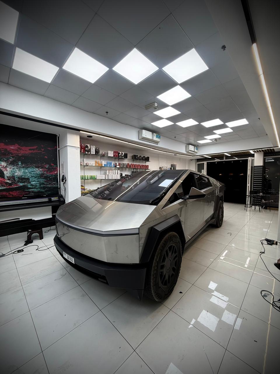 Tesla Cybertruck inside White Diamond bay